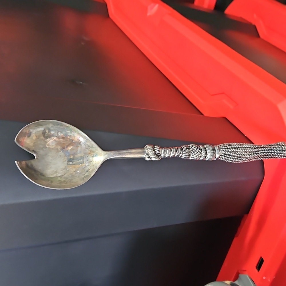 VINTAGE Silea Italy Ornate Rope Tassel Silver Serving Spoon 11"Cartizone Pattern